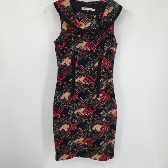 Trina Turk barkcloth sheath shift dress tan sleeveless barkcloth black trim 0 - Picture 1 of 5